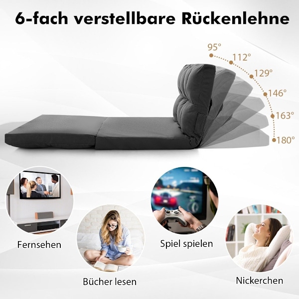 Sammenklappelig gulvsofa 3 i 1 sovesofa med sovefunktion og justerbart ryglæn mørkegrå