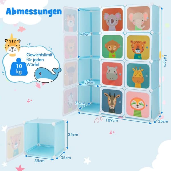 Børnegarderobe med 12 kuber, blå, plastik