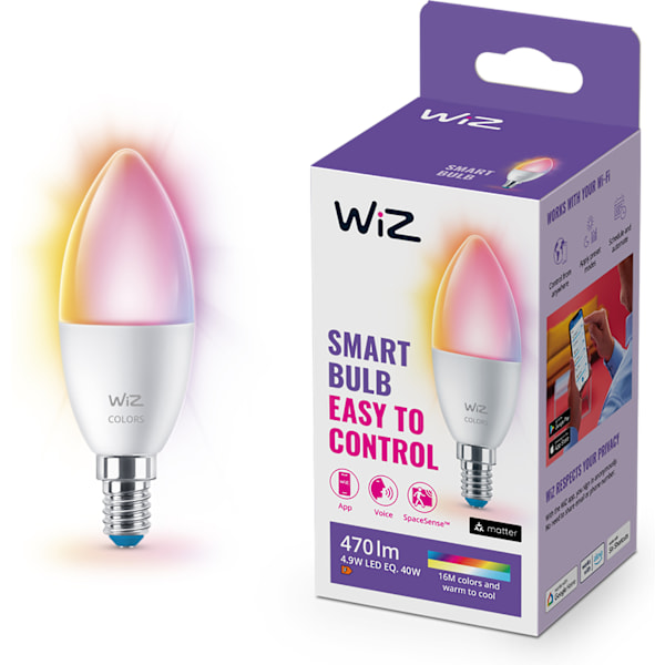WiZ smart lampe, E14, RGBW - alle farver og nuancer af hvidt lys, Wi-Fi, 470 lm
