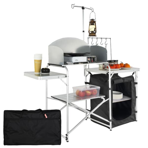 Campingkøkkenbord, foldbart kogebord, skab, forrude