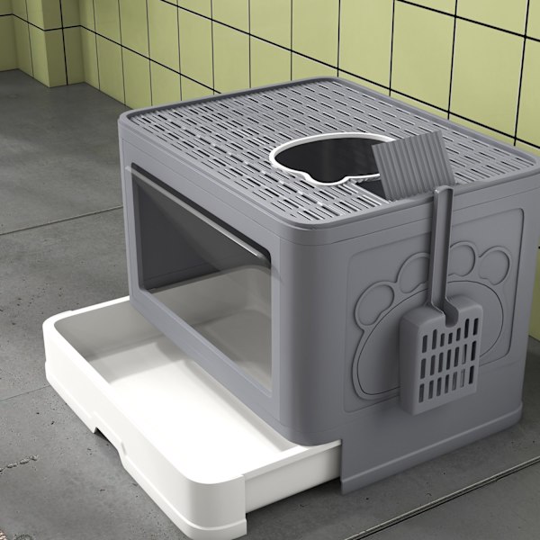 Kattsandlåda Med Lock Och Skopa För Upp Till 4 Kg, Inomhus, Plast, Grå, 48,5X38X36,5 Cm