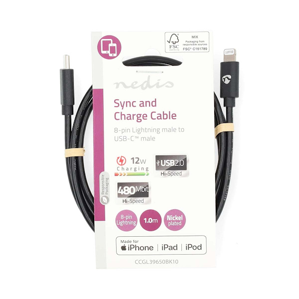 Lightning Kaapeli | USB 2.0 | Apple Lightning 8-Pin | USB-C™ Uros | 480 Mbps | Niklattu | 1.00 m | Pyöreä | PVC | Musta | Label