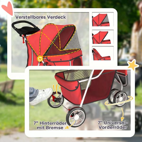 Sammenklappelig klapvogn med opbevaring, rød, til små hunde