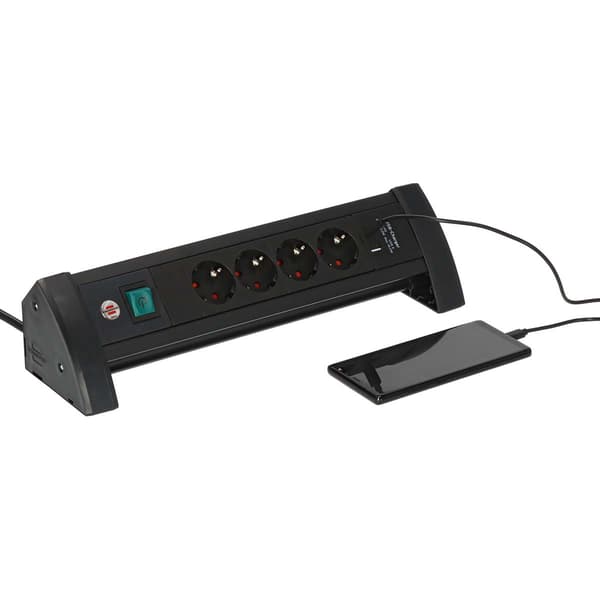 4-vejs strømskinne med USB C PD, 1,8m kabel, sort