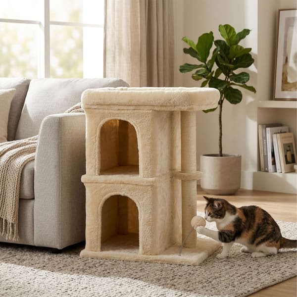 Kradsetræ med 2 huler og seng, beige, 71 cm