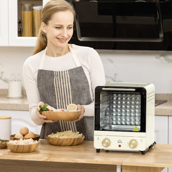 Miniugn 15L, 1 timmes timer, 60-230°C, pizzaugn med cirkulationsluft, 1000 W, miniugn med bakplåtssats, smulplåt, gräddvit