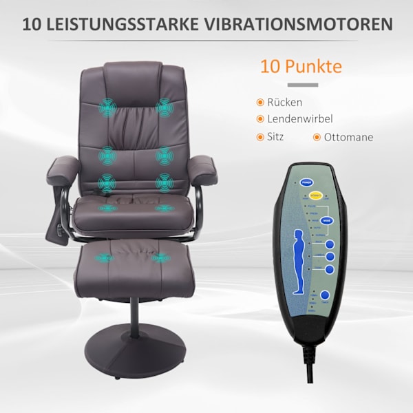 Massagestol med skammel, roterende afslapningsstol med massagefunktion, elektrisk tv-stol med lænefunktion, imiteret læder, brun