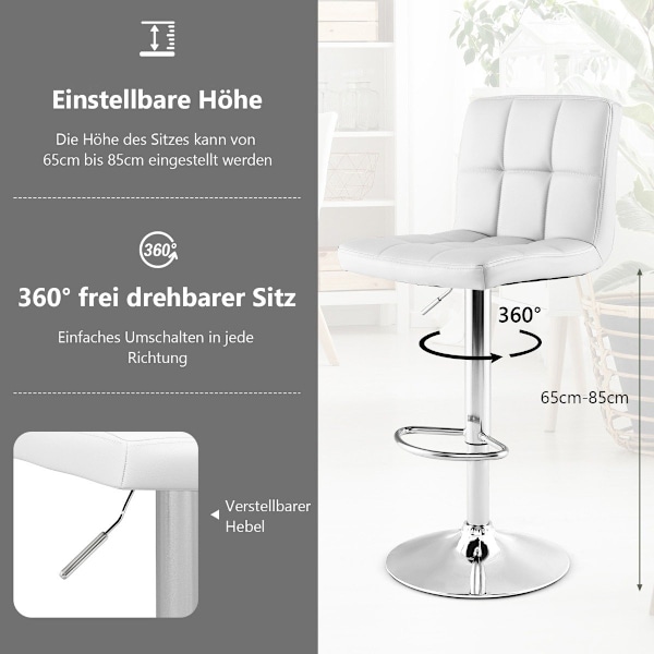 360° roterende barstol lavet af kunstlæder, højdejusterbar barstol, hvid