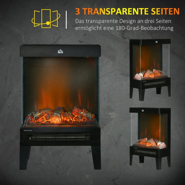 Elektrisk pejs med LED Flamme, 1000/2000W, Sort