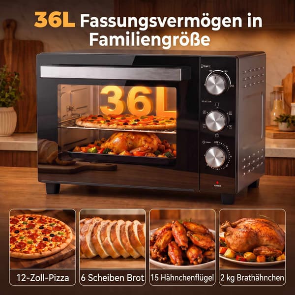 36L varmluftsugn, 1500W, 90–230C, timer