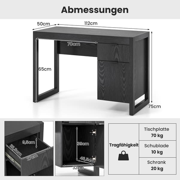 Sort computerbord med opbevaringsskab, 112 cm