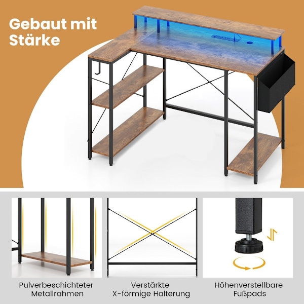 L-formet skrivebord med strømudtag &amp; LED-belysning Gaming Computer Skrivebord Rustik Brun