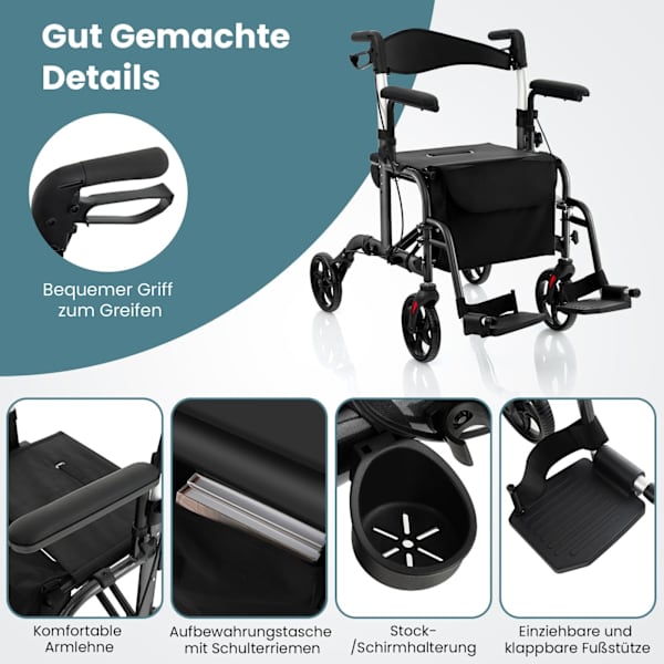 2-i-1 Rollator Gåstol & Kørestol, Sammenklappelig, Sort
