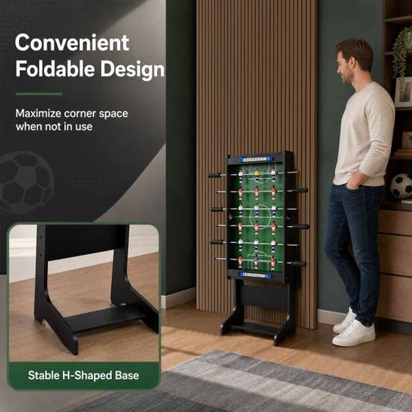 Pladsbesparende bordfodboldbord, foldbart, sort, 33x36x109 cm