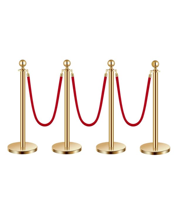 Set med stolpar för publikkontroll, 4-pack, guld, 1,5 meter, röda sammetsrep