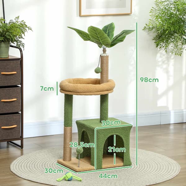 Kradsetræ med hule, seng og jutestolper – 98 cm, bladdesign