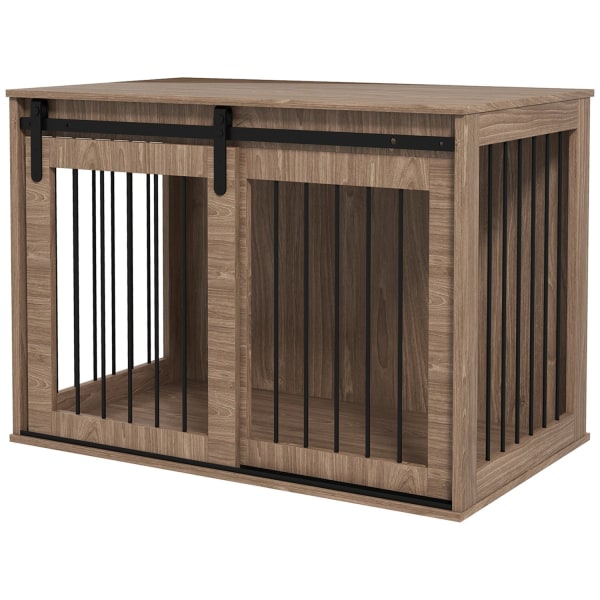 Hundebur Hundeboks Med Skydedør, Indendørs Hundehus Med Trælook, Lås, Til Store Hunde Op Til 30 Kg, 98 X 58 X 67 Cm, Valnød