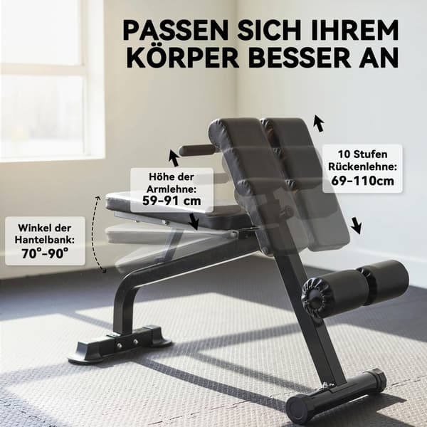 Justerbar, foldbar vægtbænk, stålramme, sort