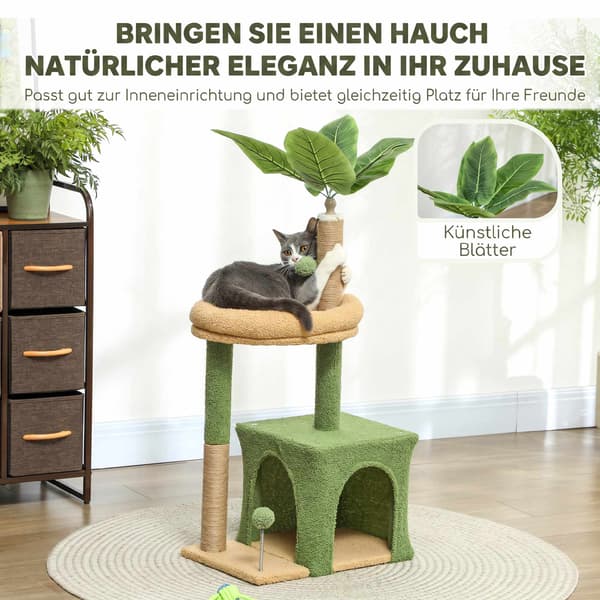 Kradsetræ med hule, seng og jutestolper – 98 cm, bladdesign