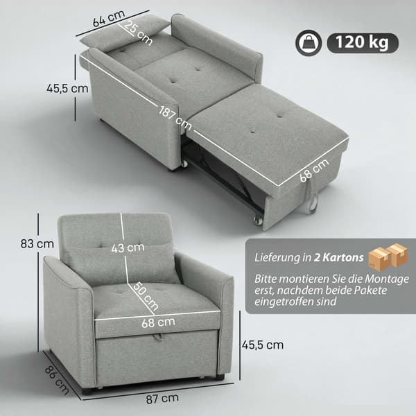 Konvertibel 3-i-1-bäddsoffa, justerbart ryggstöd, grå