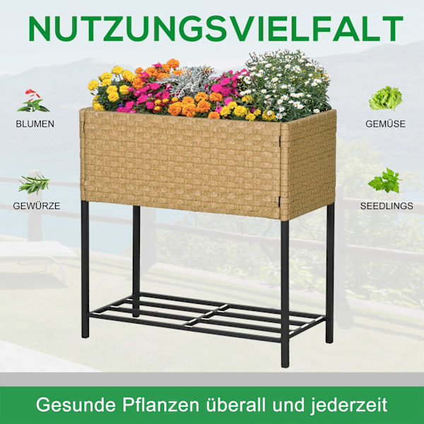 Højbed Polyrattan Blomsterkasse Med Fødder Og Hylde, Sand, 70 X 30 X 72 Cm