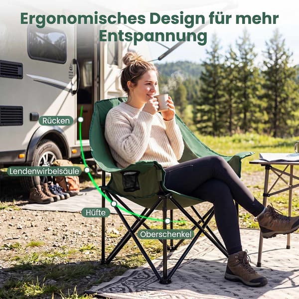 Overdimensioneret grøn campingstol, foldbar med hynde og kopholder
