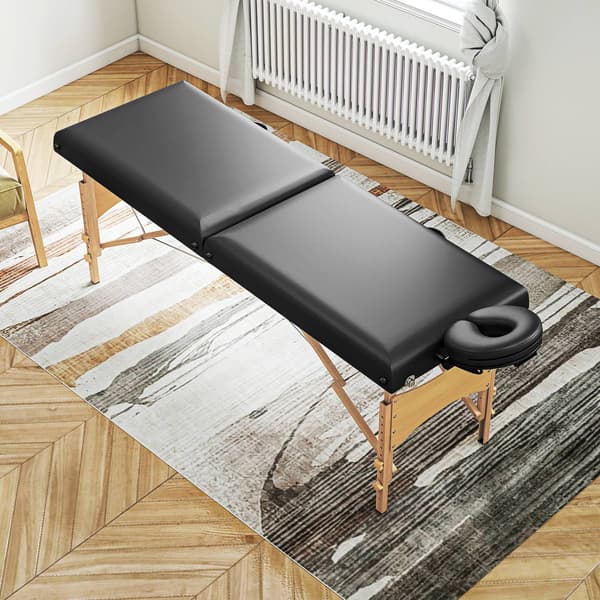 Højdejusterbart massagebriks, træstel, foldbar massageseng, skumpolstring, sort