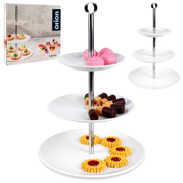 Elegant serveringsfad i tre niveauer i porcelæn og rustfrit stål
