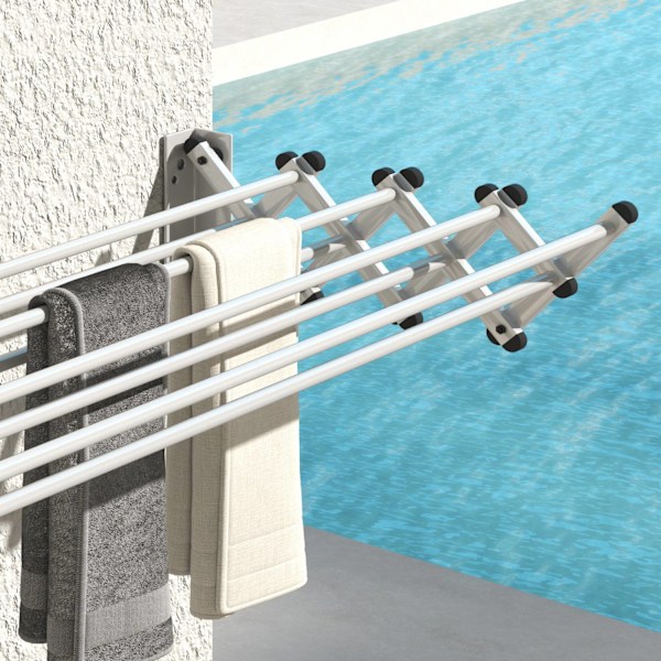 Kläder Airer Wall Utdragbar Klädtork Väggmonterad med 8 aluminiumstänger, platsbesparande torkställning för inom- och utomhusbruk 86 x 61 x 22 cm, Sil