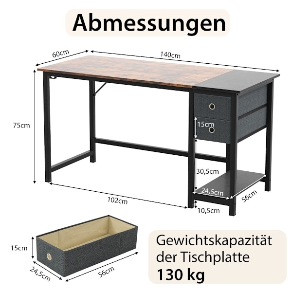 140 cm pitkä työpöytä, jossa 2 laatikkoa ja kuulokekoukku ja säilytyslokero tietokonepöytä