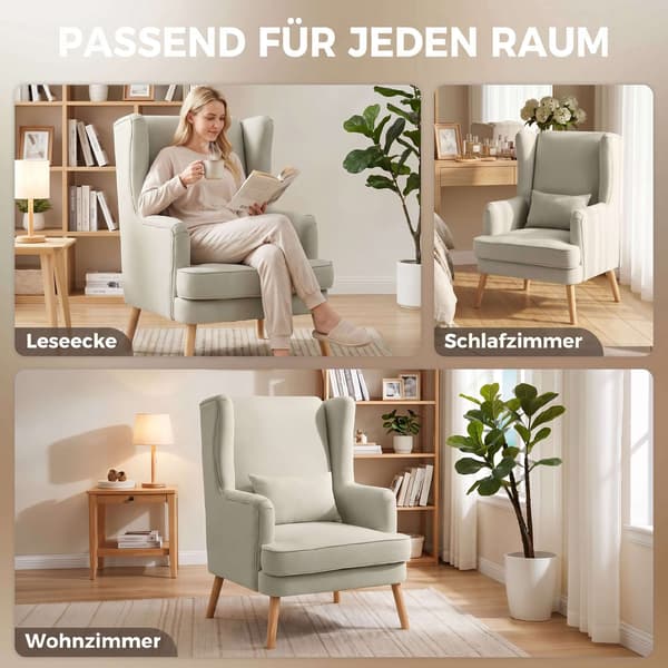Wingback-stol, beige med hørlook, lændepude