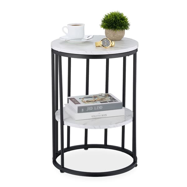 Rundt sidebord i marmorlook med 2 niveauer