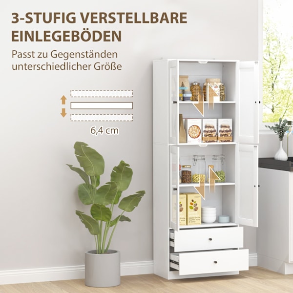 Keittiökaappi, korkea kaappi laatikolla, säädettävät hyllyt, keittiön buffet 2 kaappiosastolla olohuoneeseen, ruokailutilaan, 59 x 30 x 170 cm, valkoi