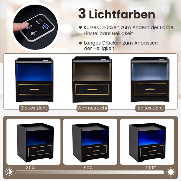 Yöpöytä LED-valolla, USB-portti ja Type-C-latausasema, yöpöytä liiketunnistimella, musta