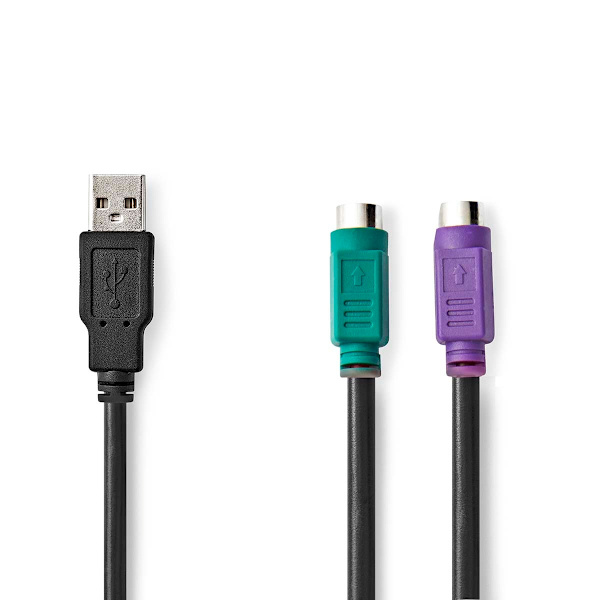 2 i 1kabel | USB 2.0 | USB-A Hane | 2x PS/2 Hona | 480 Mbps | 0.30 m | Nickelplaterad | Rund | PVC | Svart | Låda