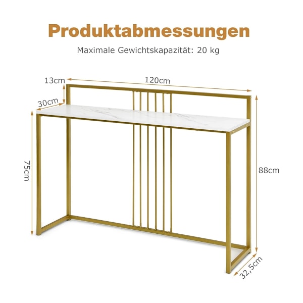 120 cm konsolbord med marmorlook & guld metalstel Moderne gangbord Hvid