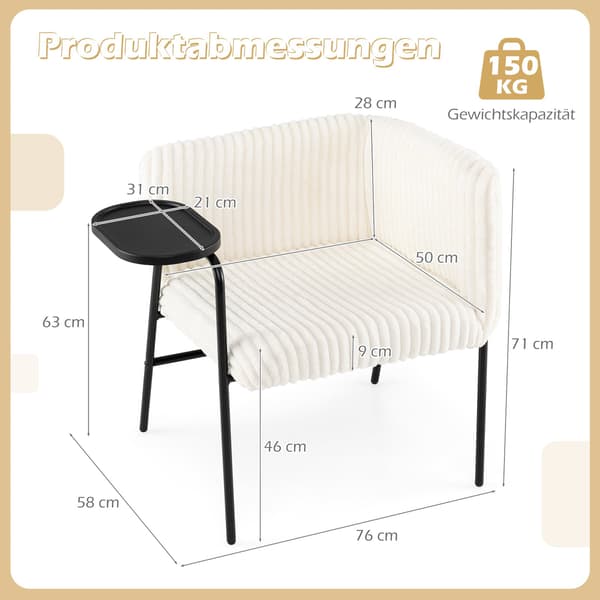 Nojatuoli tarjottimella, beige sametti, metallirunko