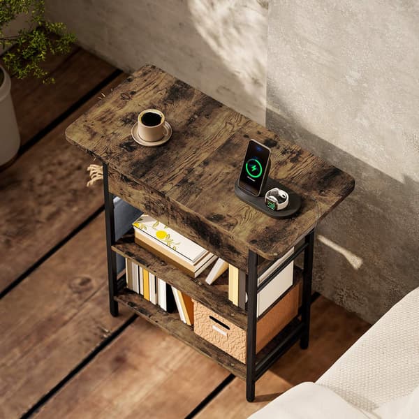 Sidebord med strømstik, USB-porte, 2-lags opbevaring, rustik brun