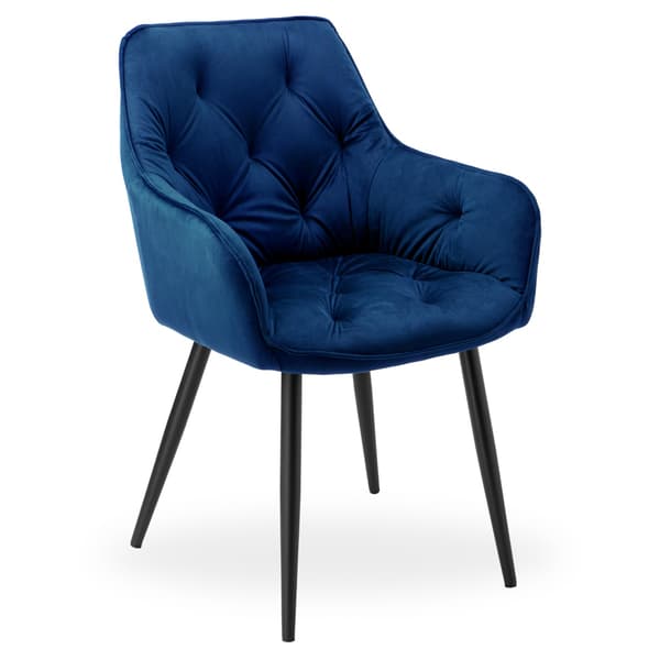 Matstol i sammet, blå, metallben, quiltad design