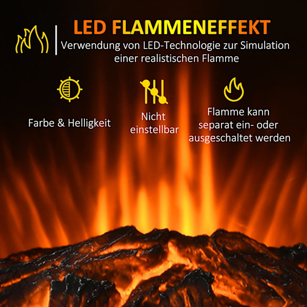 LED elektrisk pejs, fritstående pejs, pejs med flammeeffekt, 1000/2000W, indvendig varme, dekorativ pejs, 2 varmetrin 44,5x32x74cm for en hyggelig atm