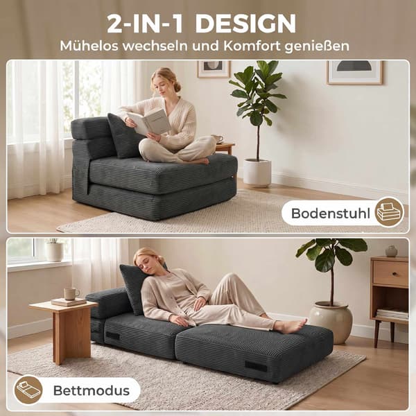 2-i-1 foldbar gulvstol, seng, fløjlsstof, mørkegrå
