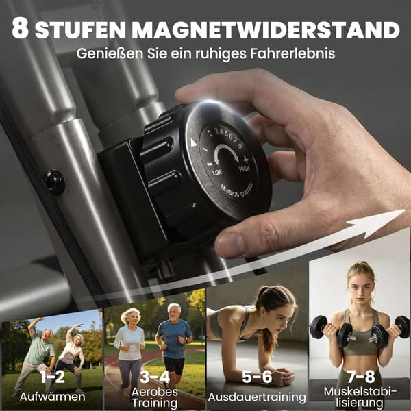 Sammenklappelig 3-i-1 motionscykel, Bluetooth LCD, Pulsmåling, Stille