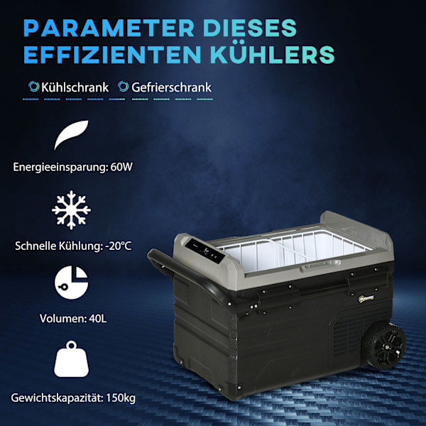 Car Cooler Box 40L Led-Valolla, Kompressoriautojääkaappi, Kuljetuspyörät, 12/24V Dc Ja 110-240V Ac, Harmaa+Musta