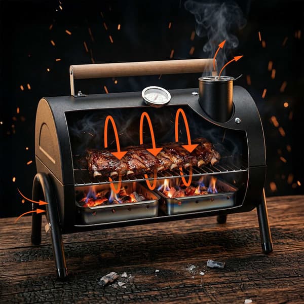 Bärbar kolgrill med termometer och skorsten