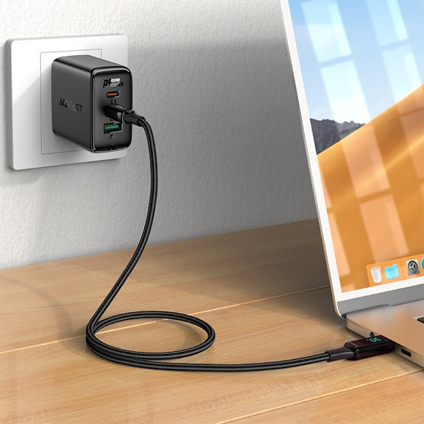 Punottu kaapeli LED-näytöllä iPhone MFI USB-C:lle - Lightning 1,2m 30W 3A musta