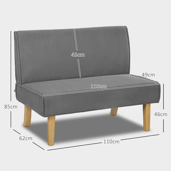 2-personers sofa, sofa i fløjlsmønster, træben, polstret sofa, dobbeltsofa til soveværelse, stue, 110 x 62 x 85 cm, grå