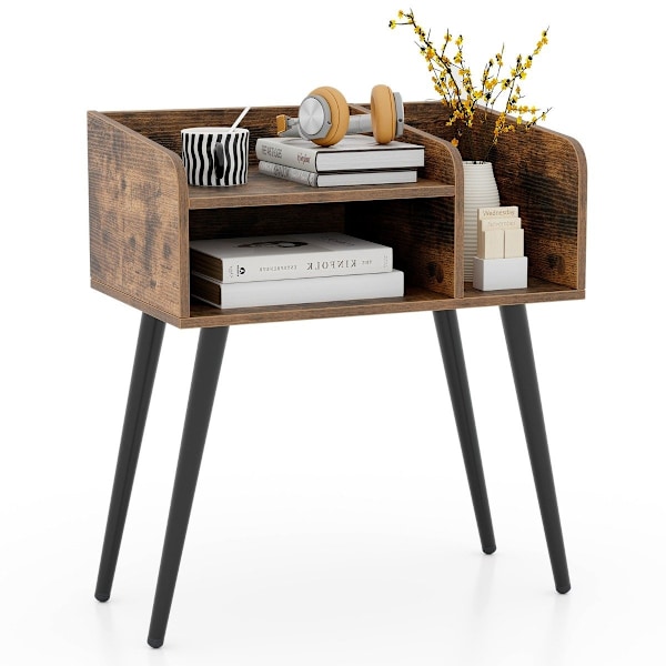 Sengebord sidebord med åbent rum sofabord med metal støtteben 50 x 32 x 58 cm rustik brun 1 stk.