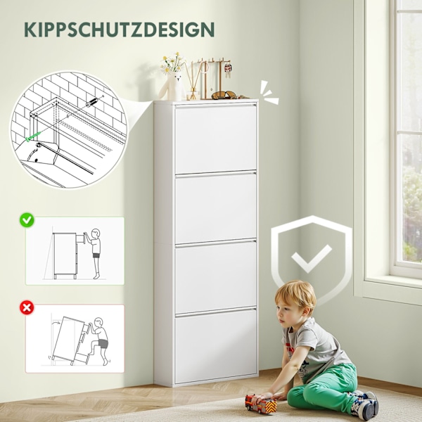 Skoskåp Metall med 4 klaffar Sko Tipper Slim för 8 par skor Skoställ Skoställ Skoställ Väggmonterad för Entré Hall 55 x 15 x 139,5 cm Vit |