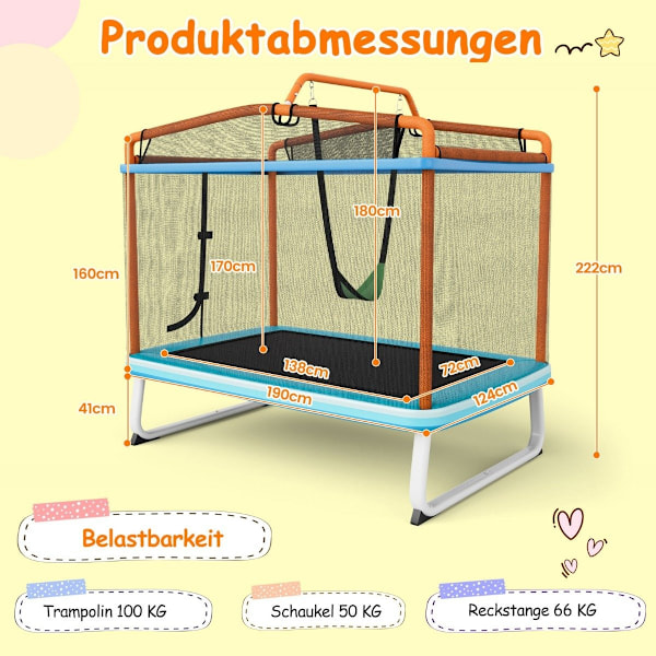 Rektangulär 3-i-1 studsmatta för barn 190 x 124 cm stor fritidsstudsmatta med nät blå + orange