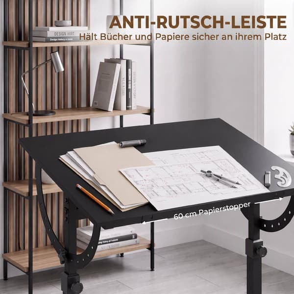 Justerbart ritbord med lutning, svart, 90x60 cm